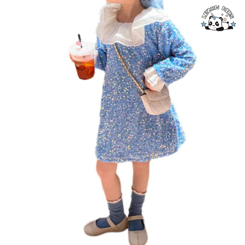 LEZONKIDS - Vestidos de Sequins Azuis de Sirene de Veludo para Meninas com Manga Longa para a Primavera